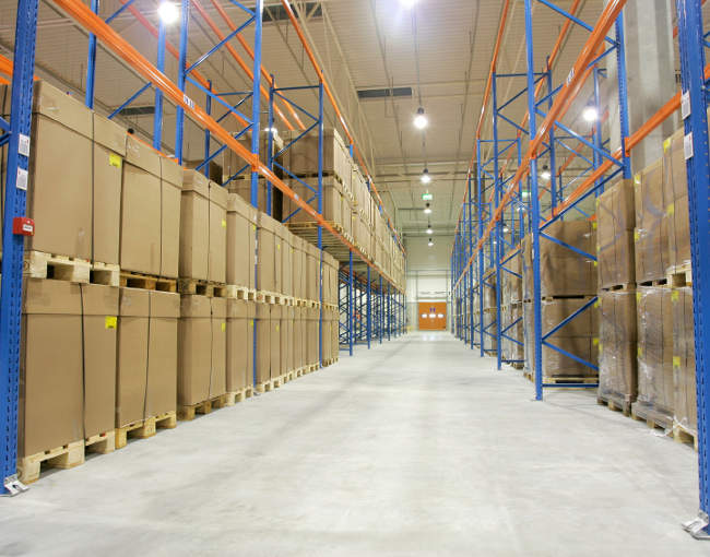 warehouse interior with stacked boxes