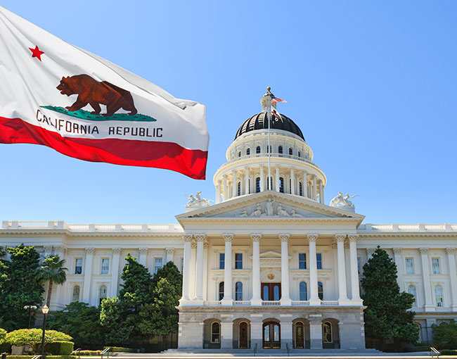 California state capital building and California flag