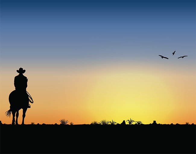 An illustration of a cowboy riding into a sunset