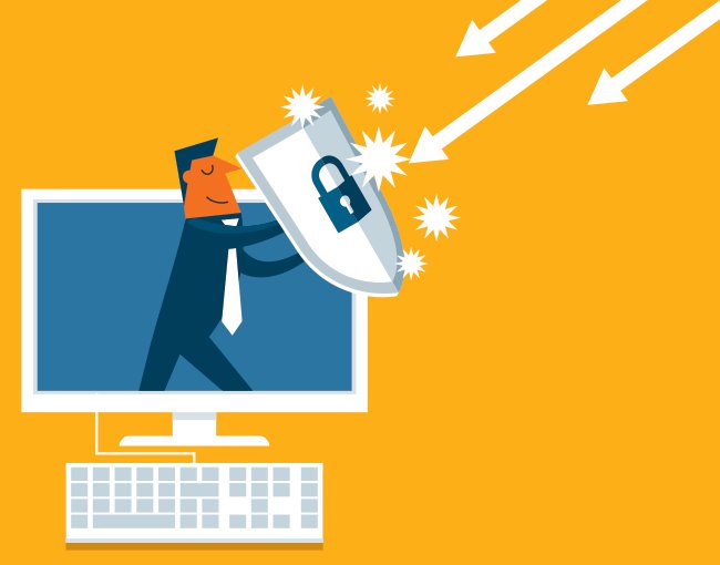 Illustration of man using shield to protect computer