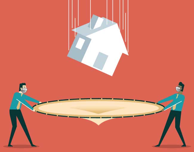 Illustration of two people catching a falling house with a trampoline