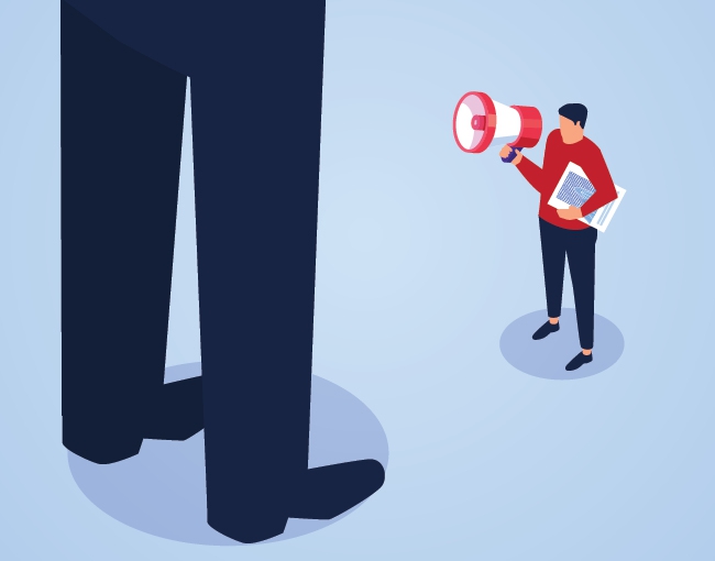 Illustration of small person with megaphone talking to large person
