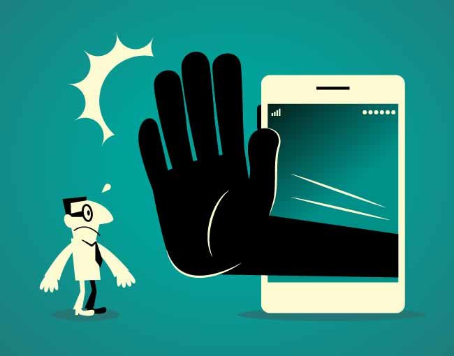 Illustration of large hand reaching out from phone to halt a user