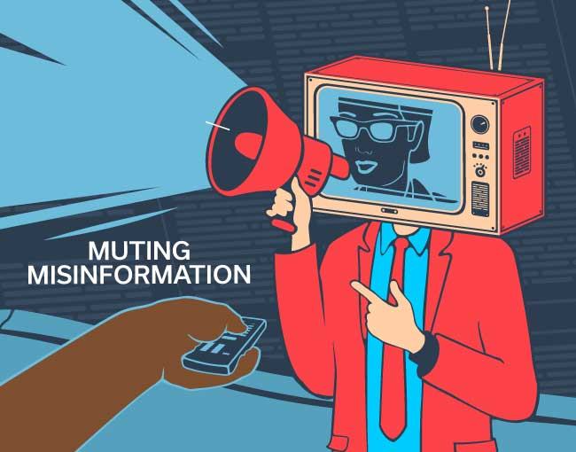 Illustration of a figure with a TV head speaking through a megaphone, and someone changing the channel