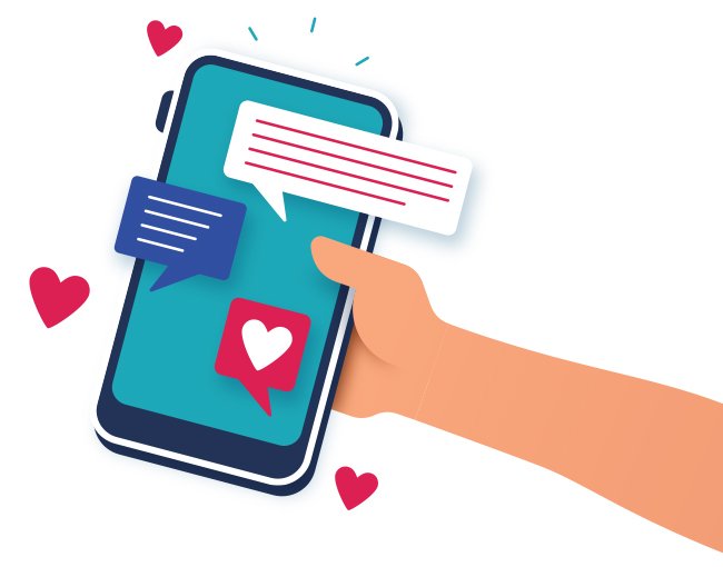 Illustration of a hand holding a smartphone with an open dating app