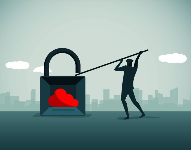 Illustration of man prying open a lock containing a cloud