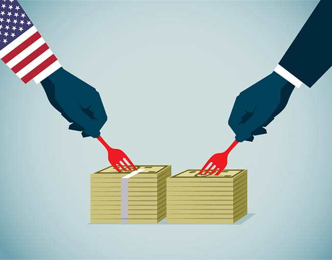 two arms carving up piles of money - one is Uncle Sam